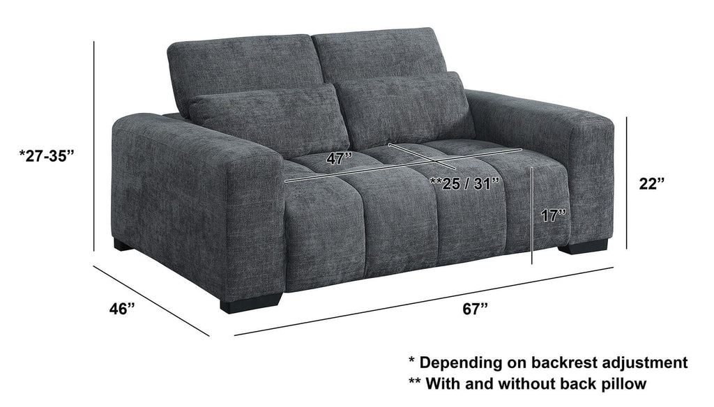 Best Quality S112 2 pc Dark grey chenille fabric sofa and love seat set adjustable headrests with lumbar pillows