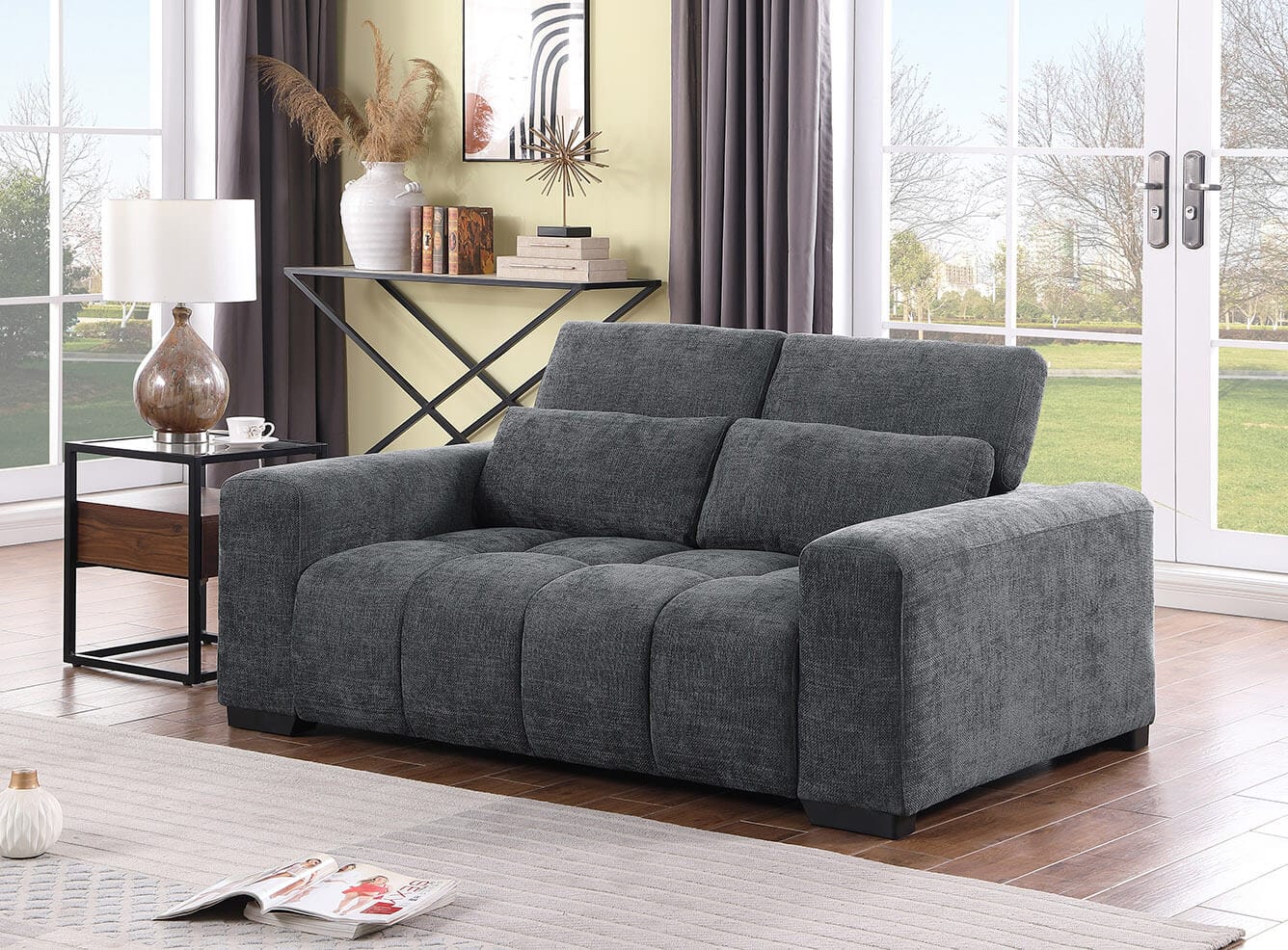 Best Quality S112 2 pc Dark grey chenille fabric sofa and love seat set adjustable headrests with lumbar pillows