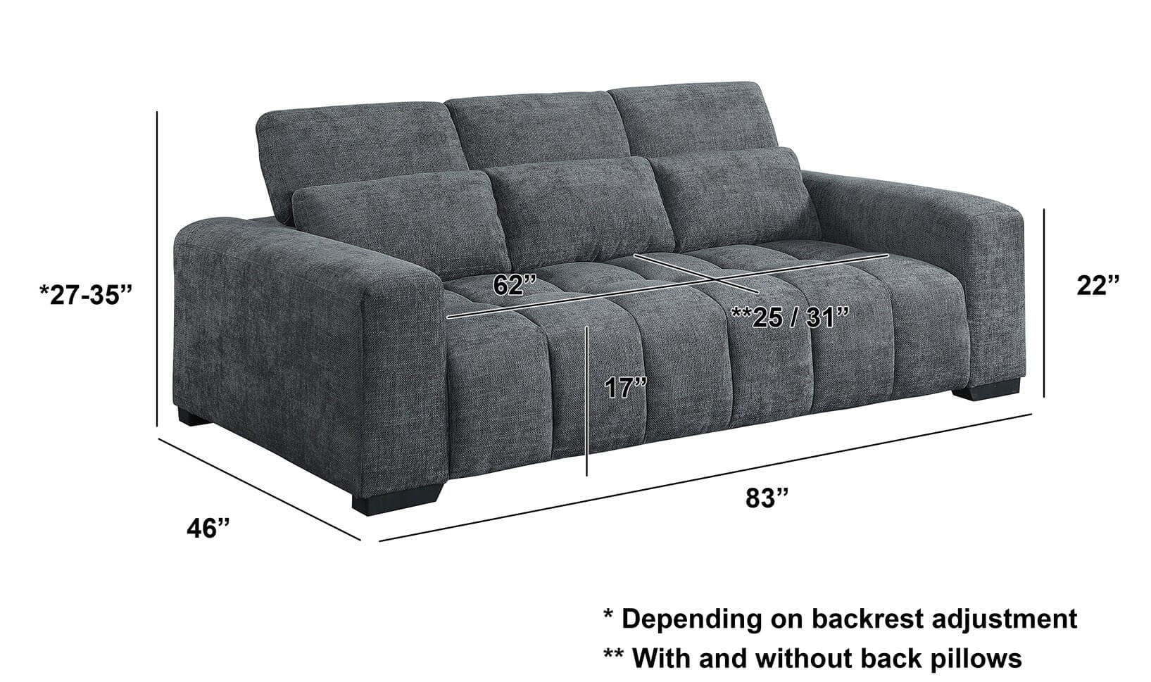 Best Quality S112 2 pc Dark grey chenille fabric sofa and love seat set adjustable headrests with lumbar pillows