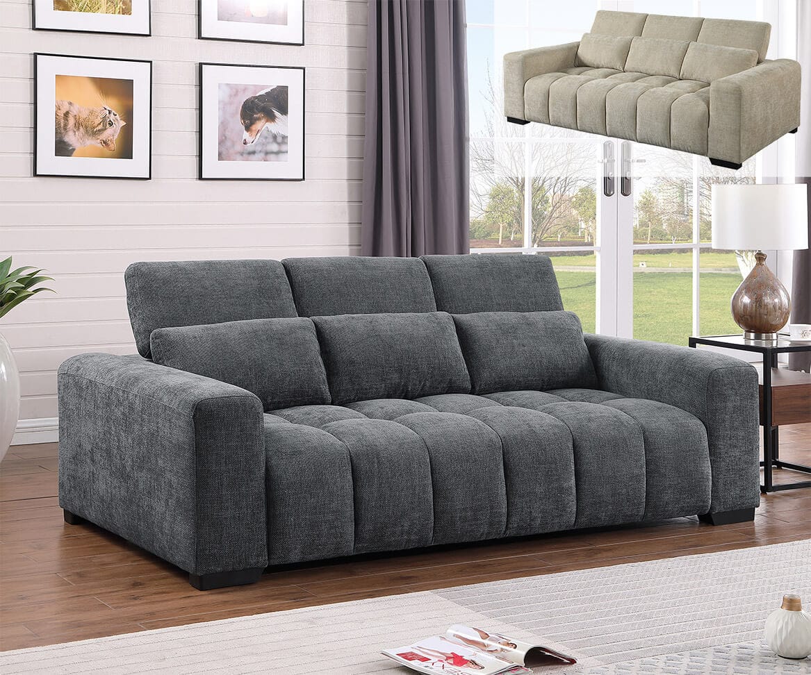 Best Quality S112 2 pc Dark grey chenille fabric sofa and love seat set adjustable headrests with lumbar pillows