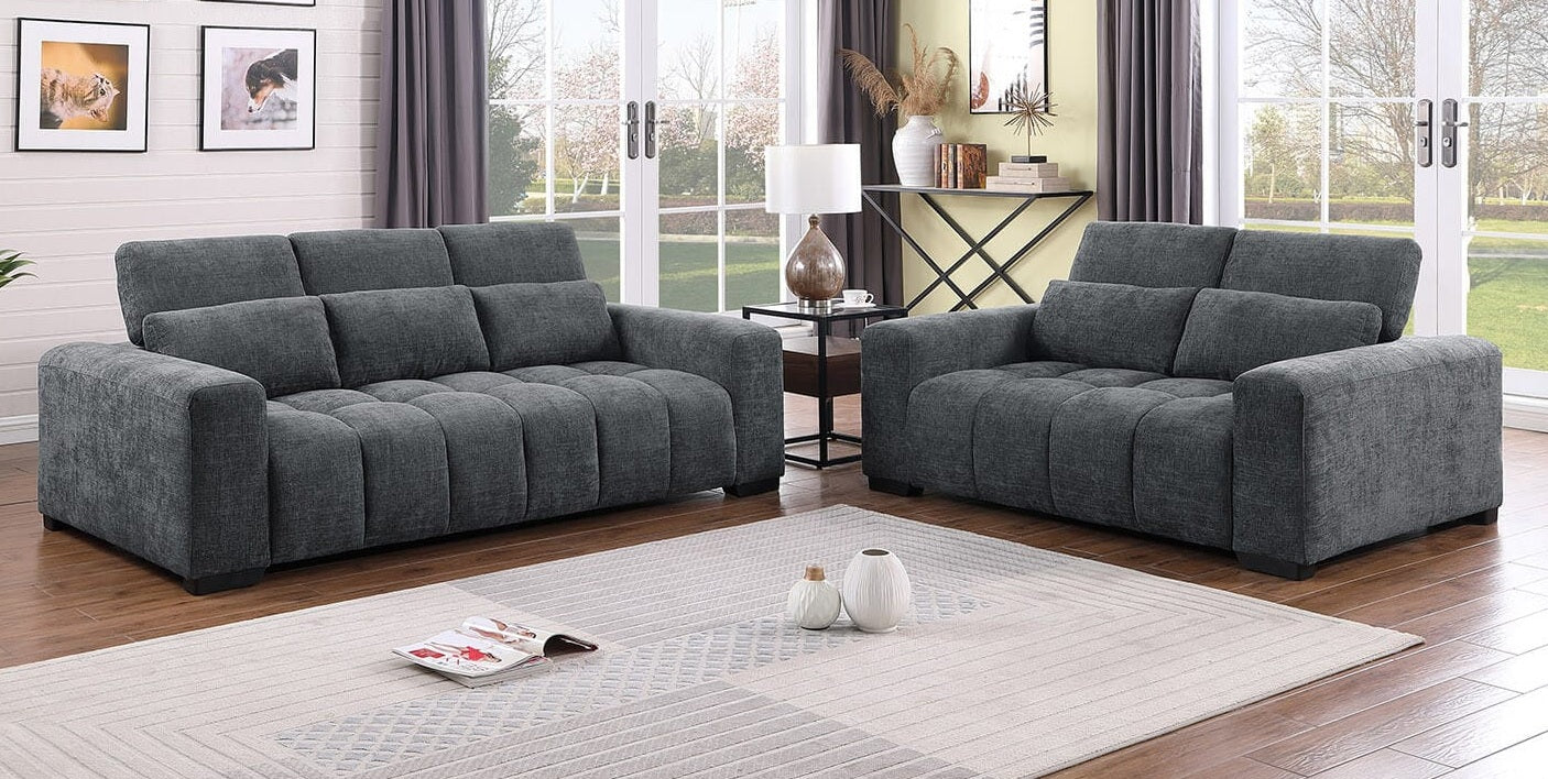 Best Quality S112 2 pc Dark grey chenille fabric sofa and love seat set adjustable headrests with lumbar pillows