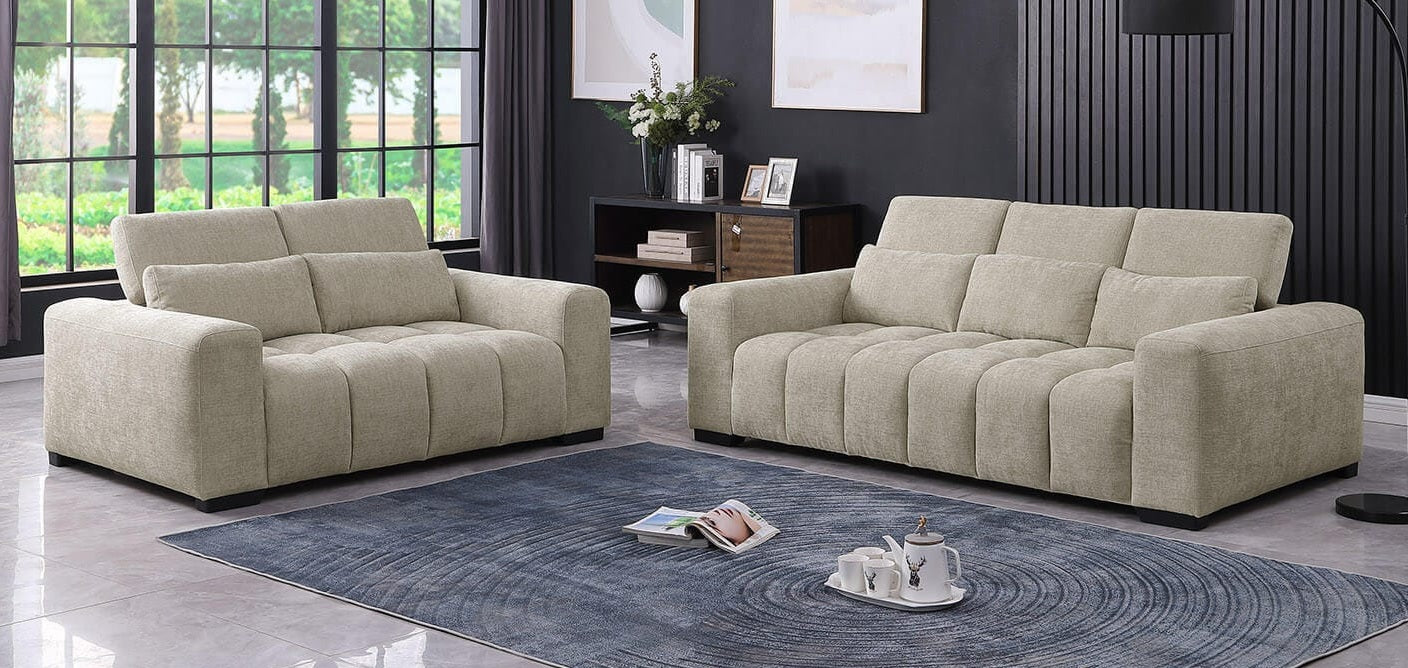 Best Quality S113 2 pc Beige chenille fabric sofa and love seat set adjustable headrests with lumbar pillows