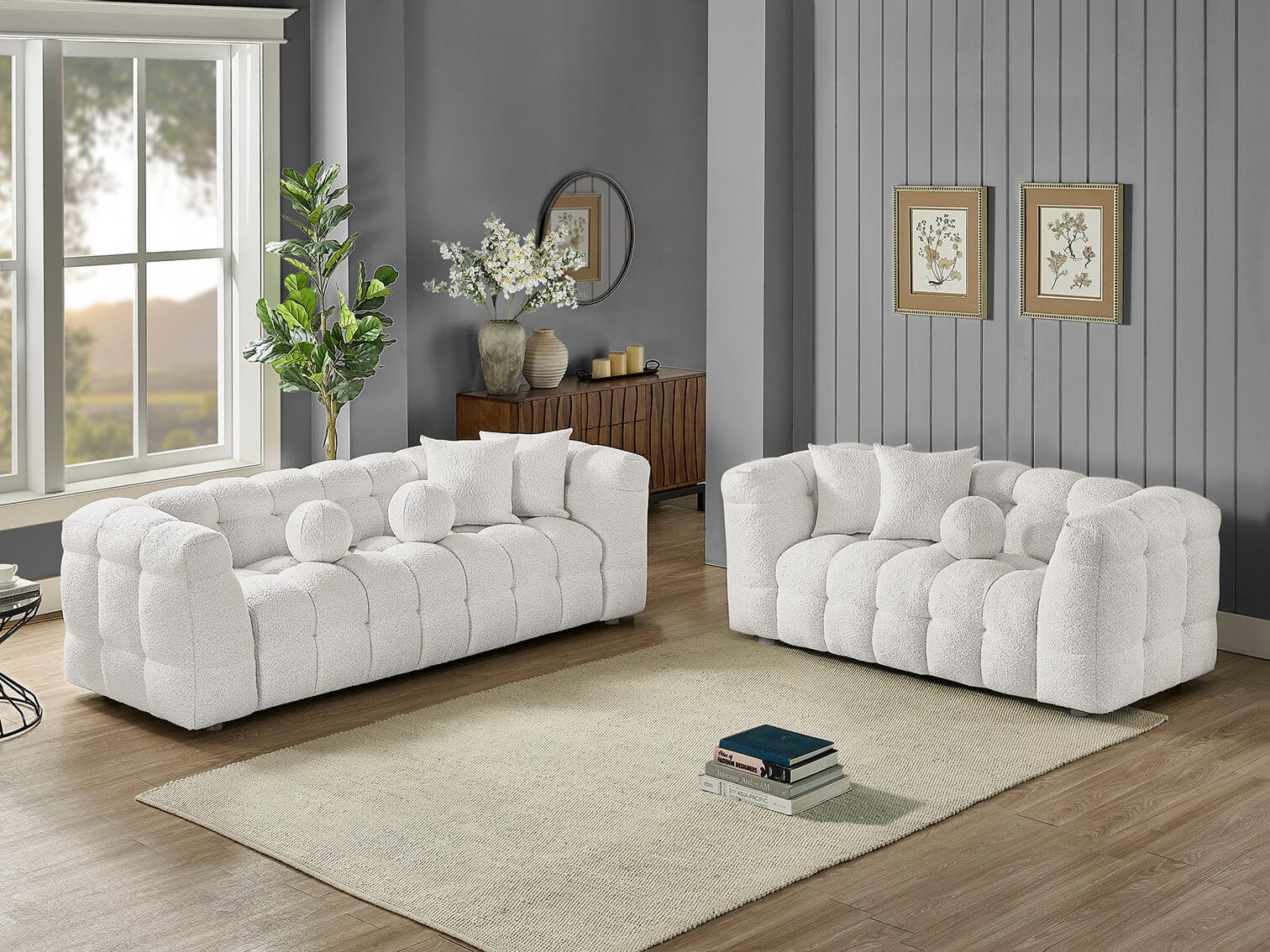 Best Quality S12-SL 2 pc cream modern boucle fabric sofa and love seat set with throw pillows
