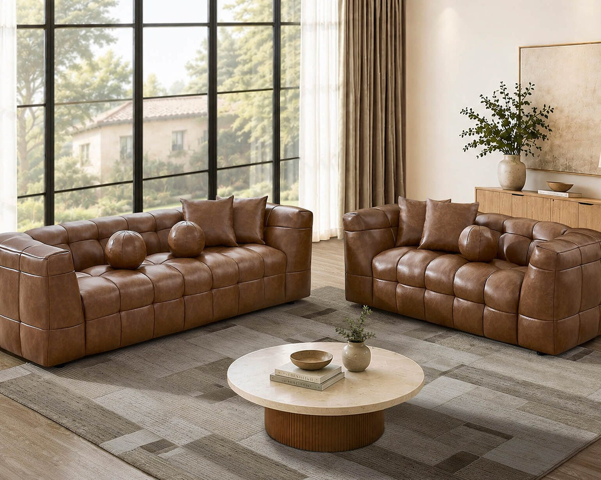 Best Quality Toffee Brown Faux Leather 2-Piece Sofa and Loveseat Set – S14-SL