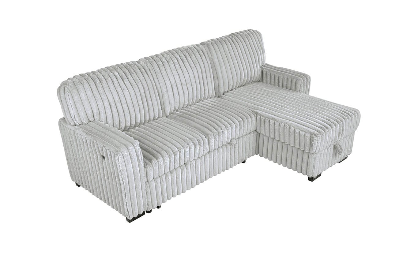 Best Quality S20 2 pc light grey 2" wide striped corduroy fabric upholstered reversible chaise sectional sofa USB ports