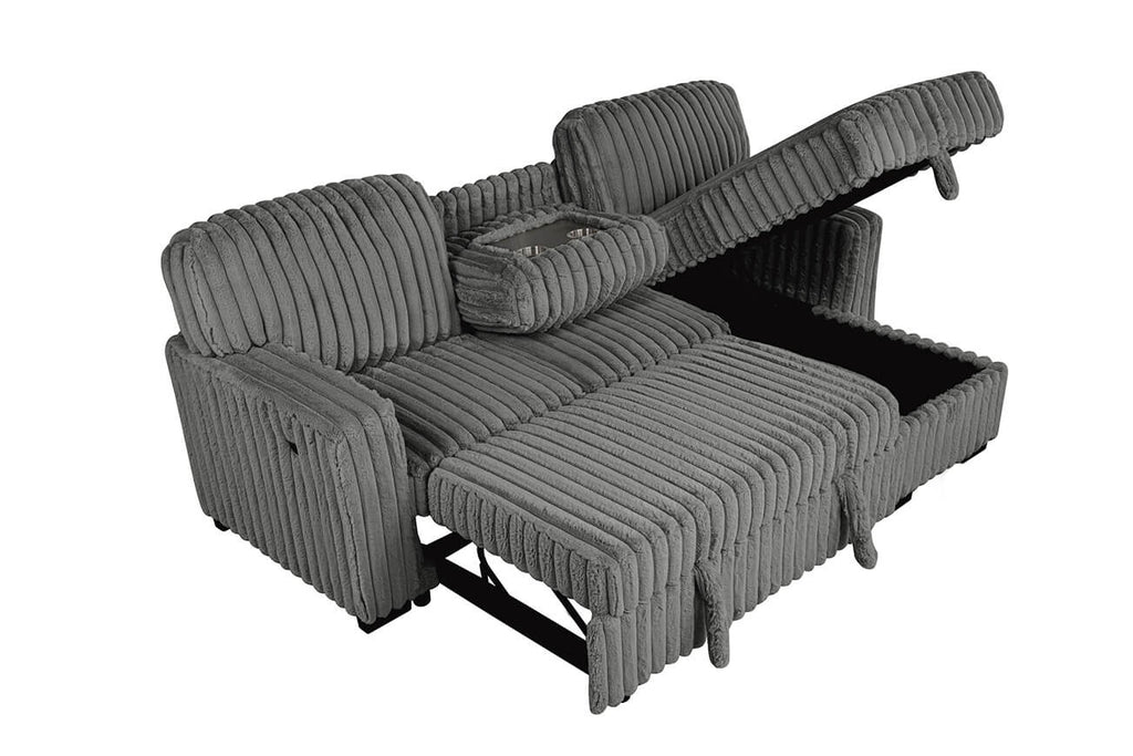 Best Quality S21 2 pc dark grey 2" wide striped corduroy fabric upholstered reversible chaise sectional sofa USB ports