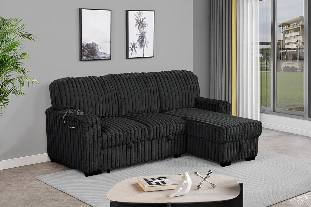Best Quality S22 2 pc black 2" wide striped corduroy fabric upholstered reversible chaise sectional sofa USB ports