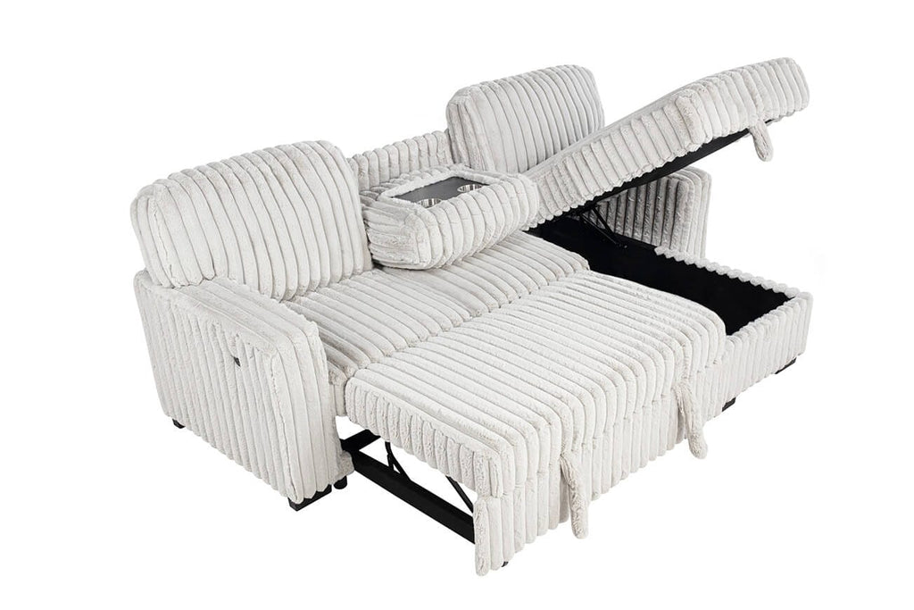 Best Quality S23 2 pc beige 2" wide striped corduroy fabric upholstered reversible chaise sectional sofa USB ports