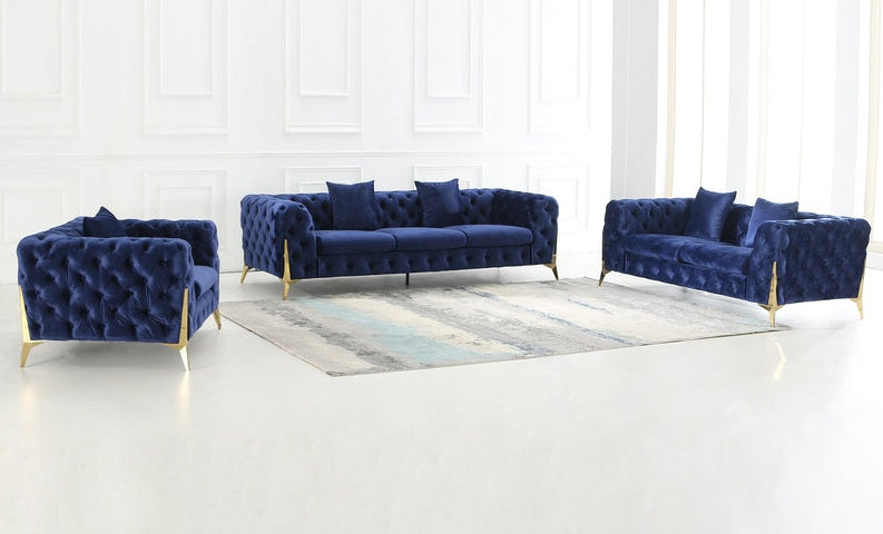 S8001BU 2 pc Abigail blue velvet tufted sofa and love seat set with gold trim accents