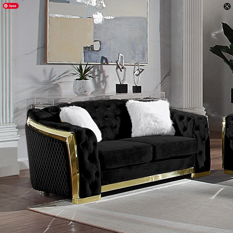 S8019B 2 pc Abbey black velvet tufted sofa and love seat set with gold trim accents