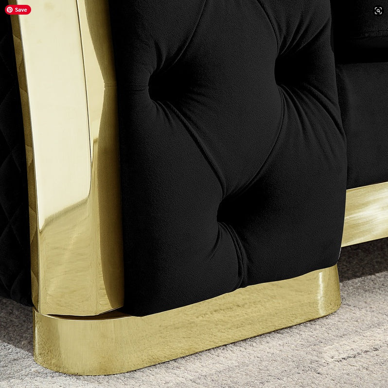 S8019B 2 pc Abbey black velvet tufted sofa and love seat set with gold trim accents