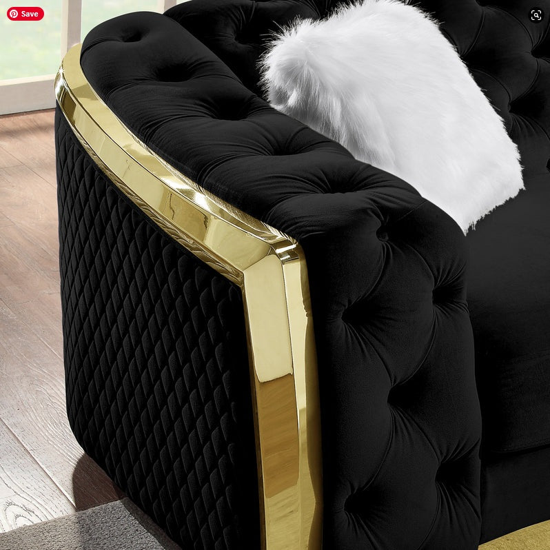 S8019B 2 pc Abbey black velvet tufted sofa and love seat set with gold trim accents