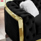 S8019B 2 pc Abbey black velvet tufted sofa and love seat set with gold trim accents
