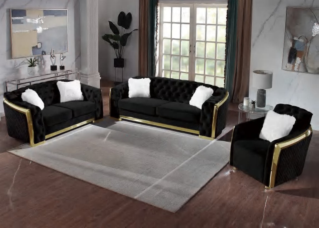 S8019B 2 pc Abbey black velvet tufted sofa and love seat set with gold trim accents