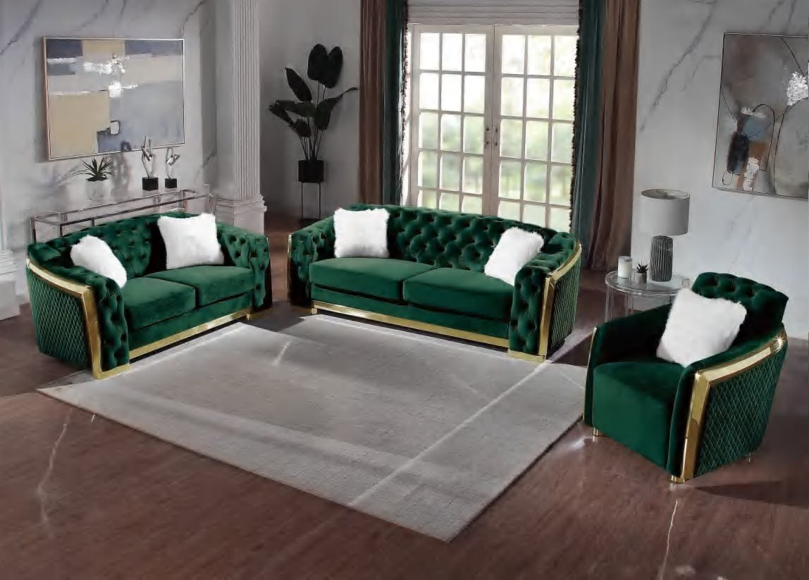 S8019GN 2 pc Abbey green velvet tufted sofa and love seat set with gold trim accents