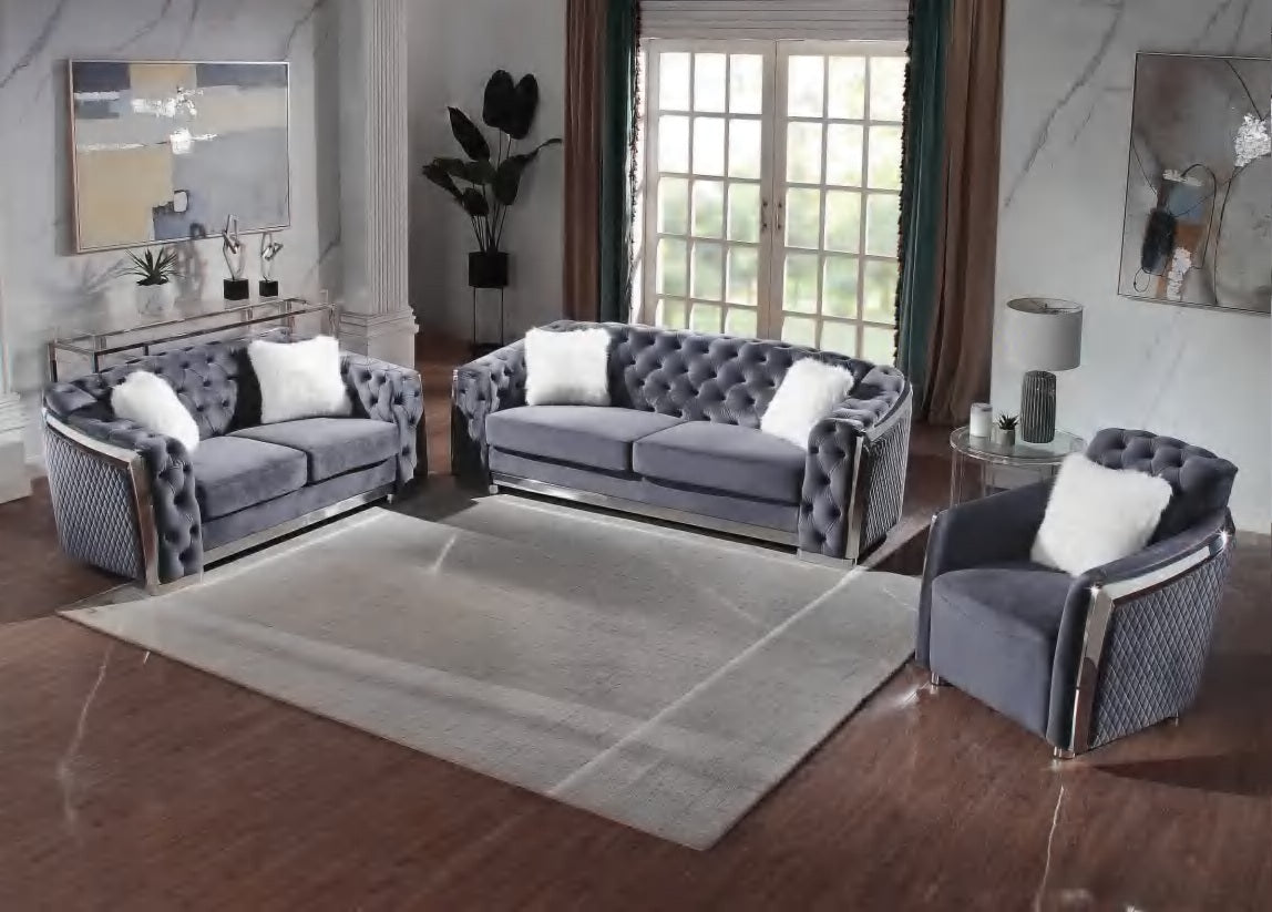 S8019GY 2 pc Abbey grey velvet tufted sofa and love seat set with gold trim accents