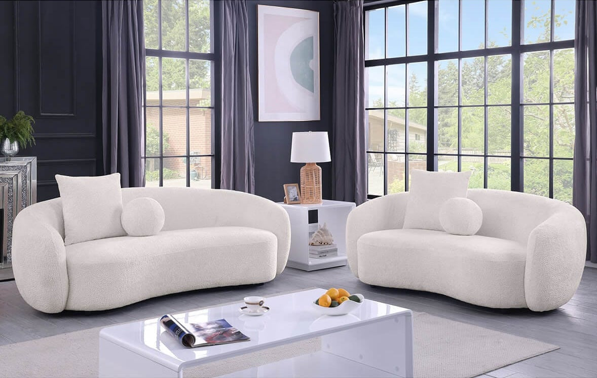 Best Quality S90-SL 2 pc Martinque beige teddy bear fabric modern mid-century sofa and love seat set rounded arms and backs