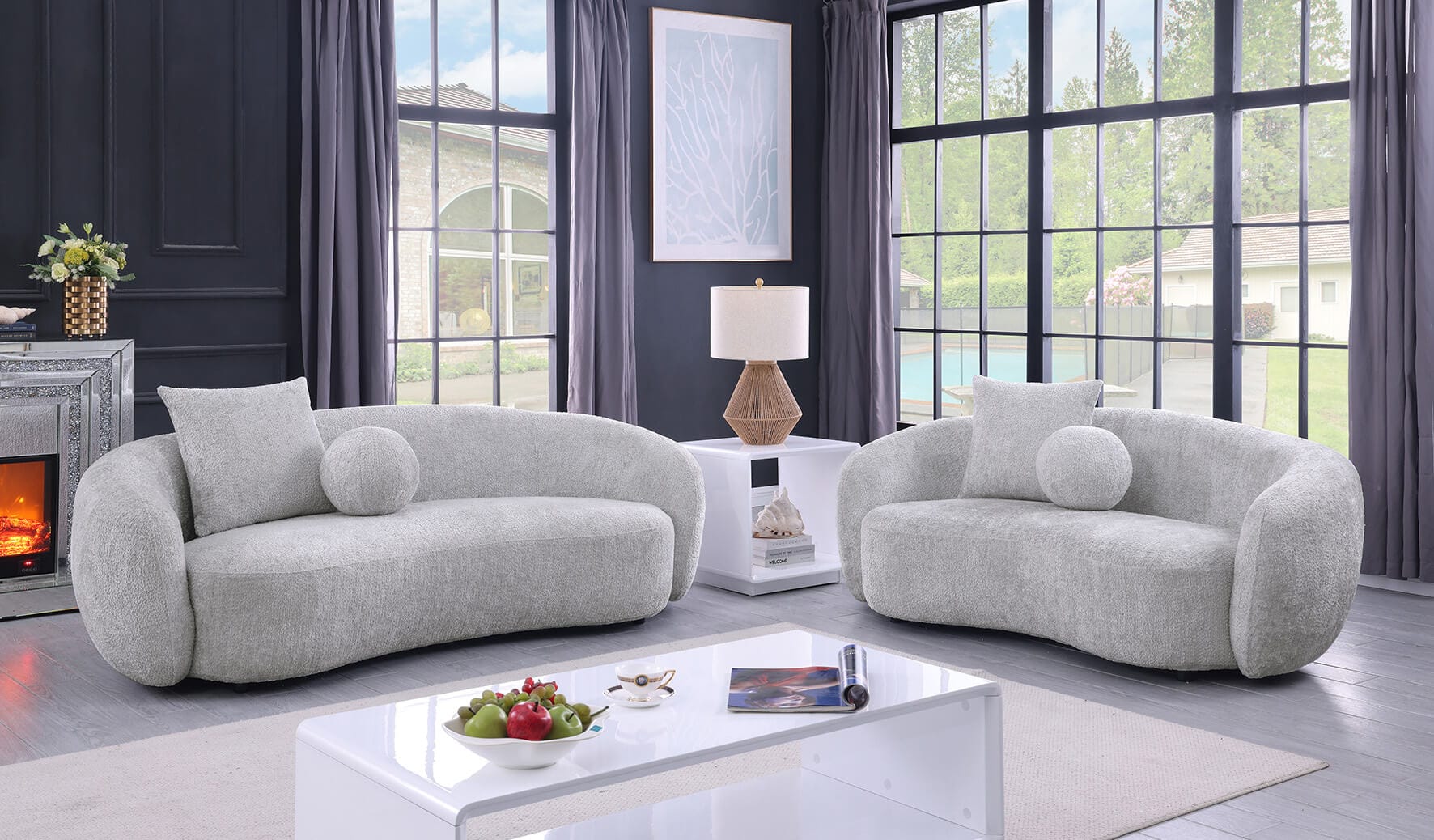 Best Quality S91-SL 2 pc Martinque light grey teddy bear fabric modern mid-century sofa and love seat set rounded arms and backs