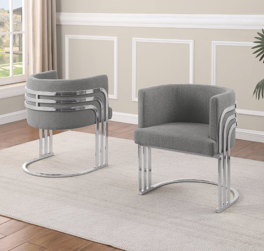 SC020 Set of 2 Sallie grey teddy bear boucle fabric barrel back accent / dining chairs chrome legs and back accents