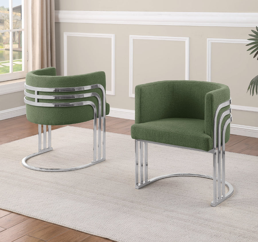 SC021 Set of 2 Sallie green teddy bear boucle fabric barrel back accent / dining chairs chrome legs and back accents