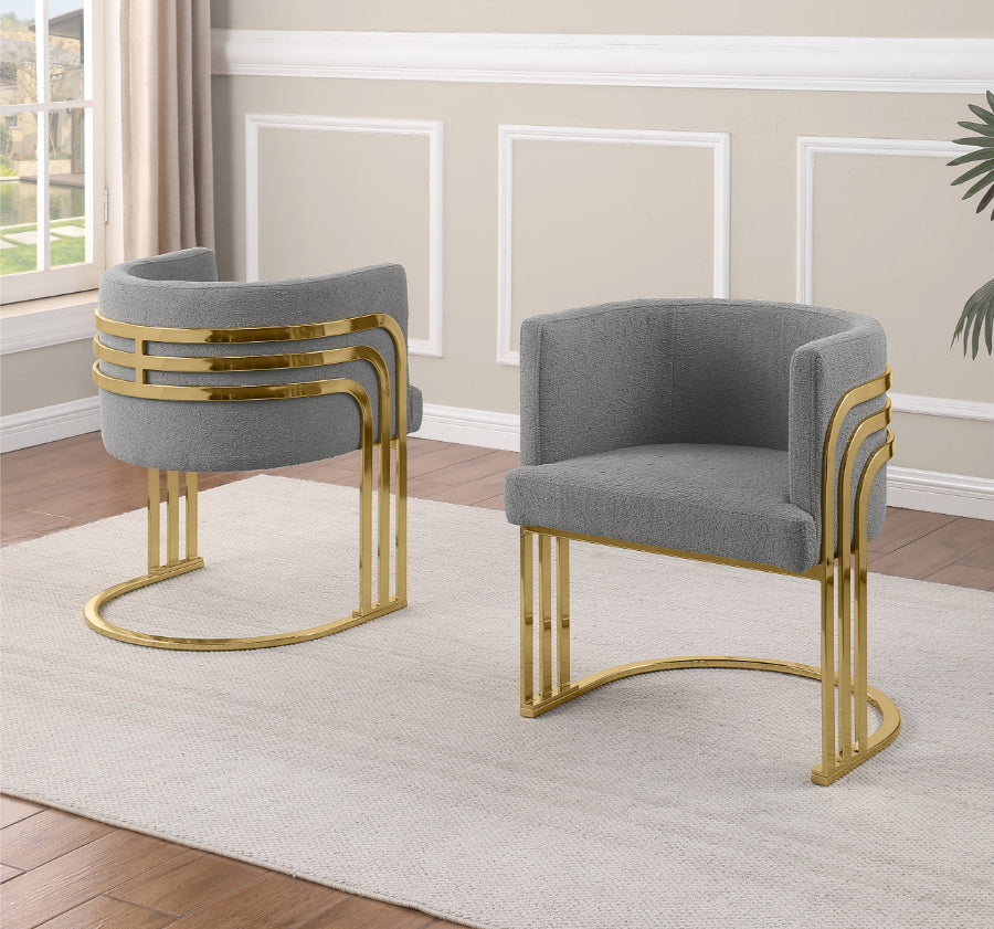 SC024 Set of 2 Sallie grey teddy bear boucle fabric barrel back accent / dining chairs gold legs and back accents