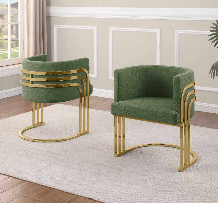 SC025 Set of 2 Sallie green teddy bear boucle fabric barrel back accent / dining chairs gold legs and back accents