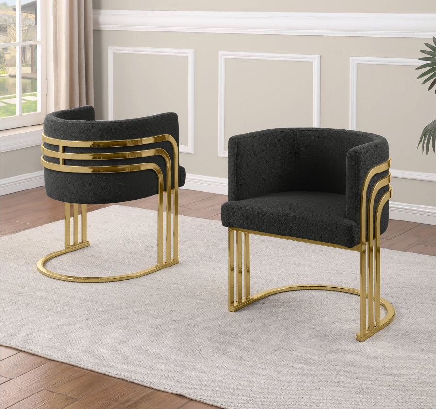 SC026 Set of 2 Sallie black teddy bear boucle fabric barrel back accent / dining chairs gold legs and back accents