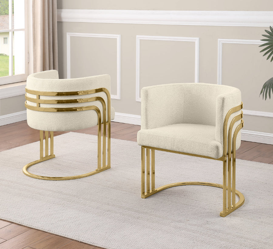 SC027 Set of 2 Sallie cream teddy bear boucle fabric barrel back accent / dining chairs gold legs and back accents