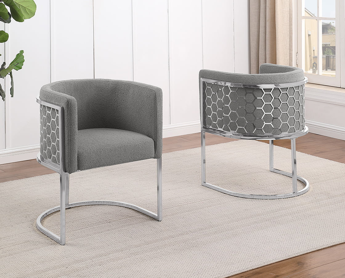 SC030 Set of 2 Sandra grey teddy bear boucle fabric barrel back accent / dining chairs chrome legs and hexagon design backs