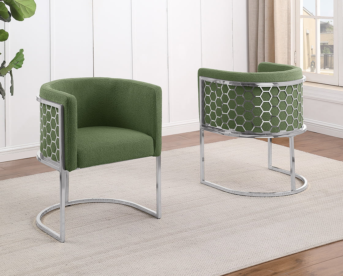 SC031 Set of 2 Sandra green teddy bear boucle fabric barrel back accent / dining chairs chrome legs and hexagon design backs