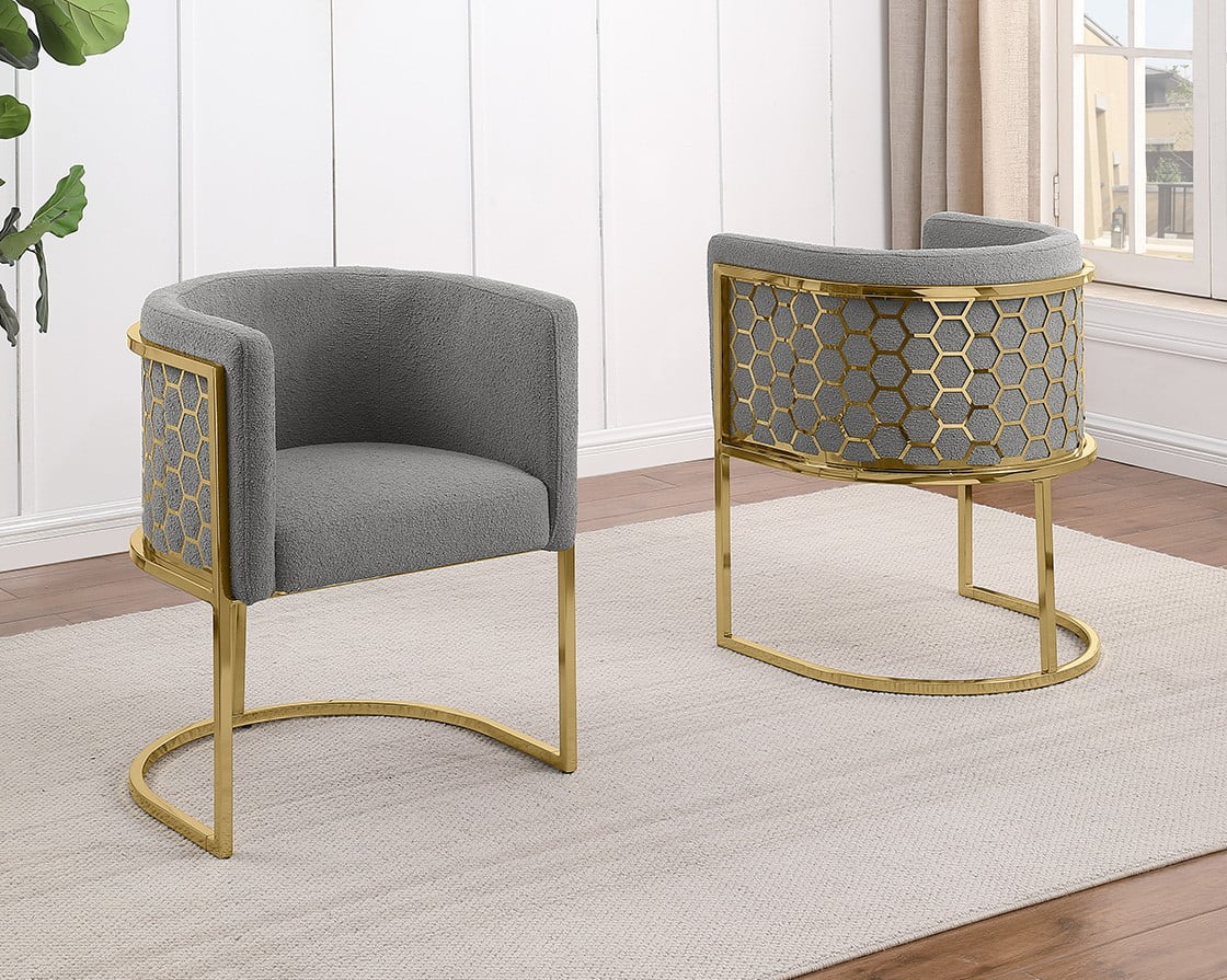 SC034 Set of 2 Sandra grey teddy bear boucle fabric barrel back accent / dining chairs gold legs and hexagon design backs