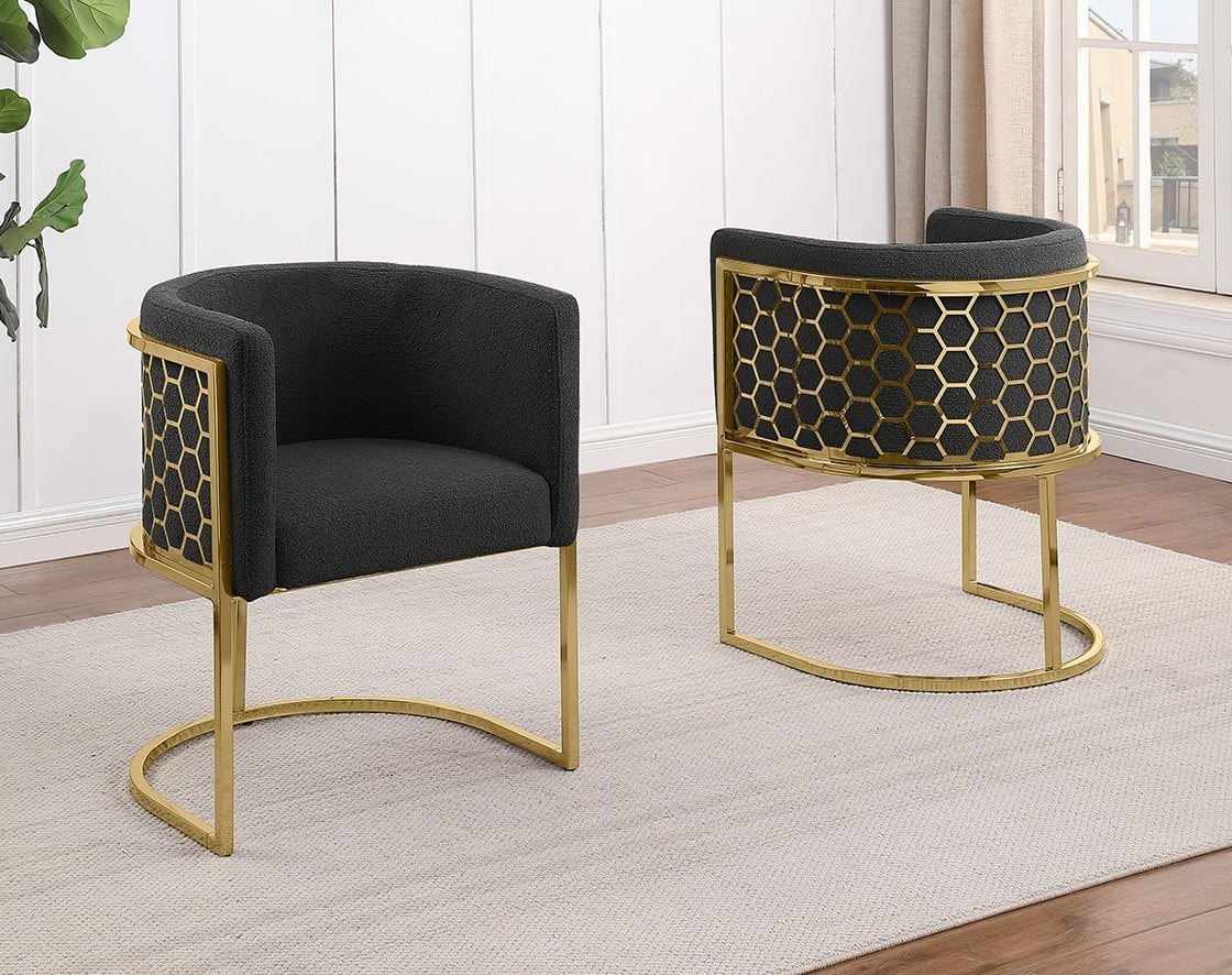 SC036 Set of 2 Sandra black teddy bear boucle fabric barrel back accent / dining chairs gold legs and hexagon design backs
