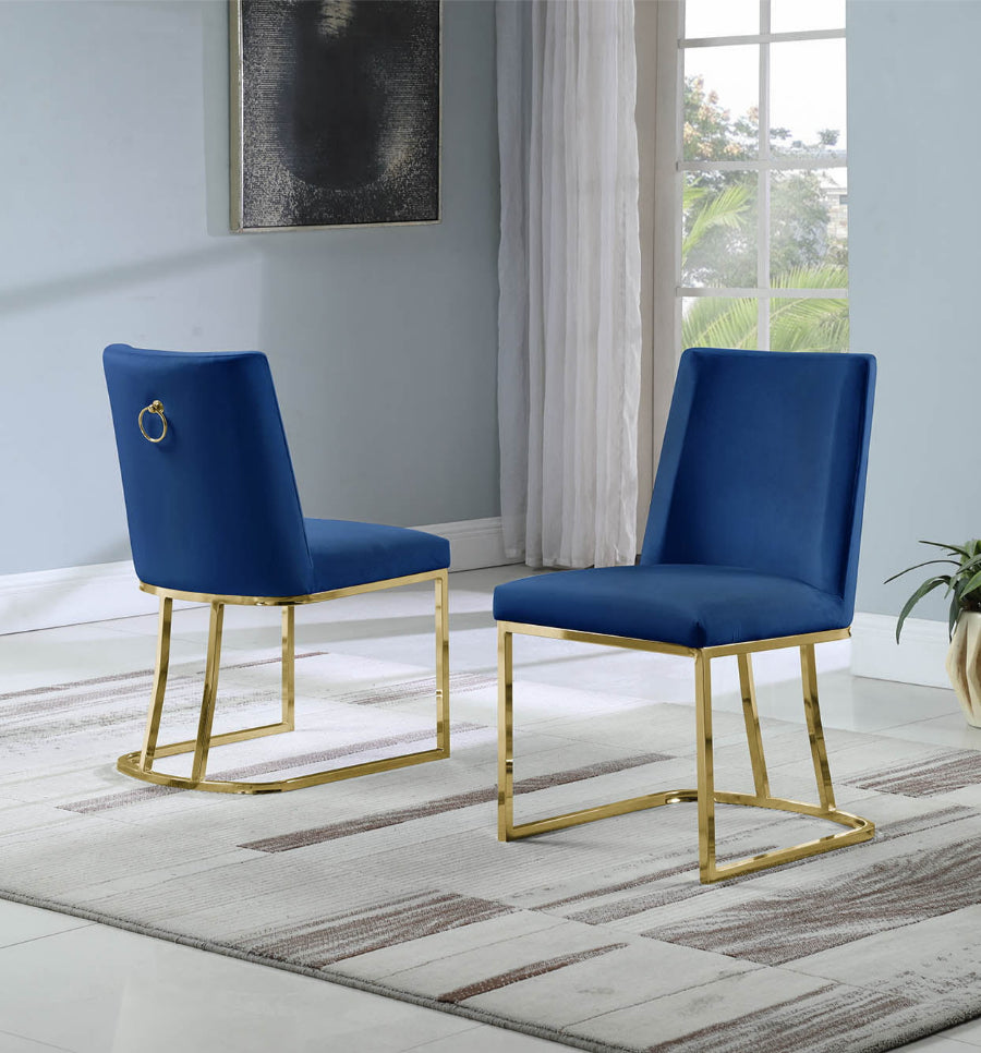 SC101 Set of 2 Twain navy blue velvet fabric dining chairs gold frame base