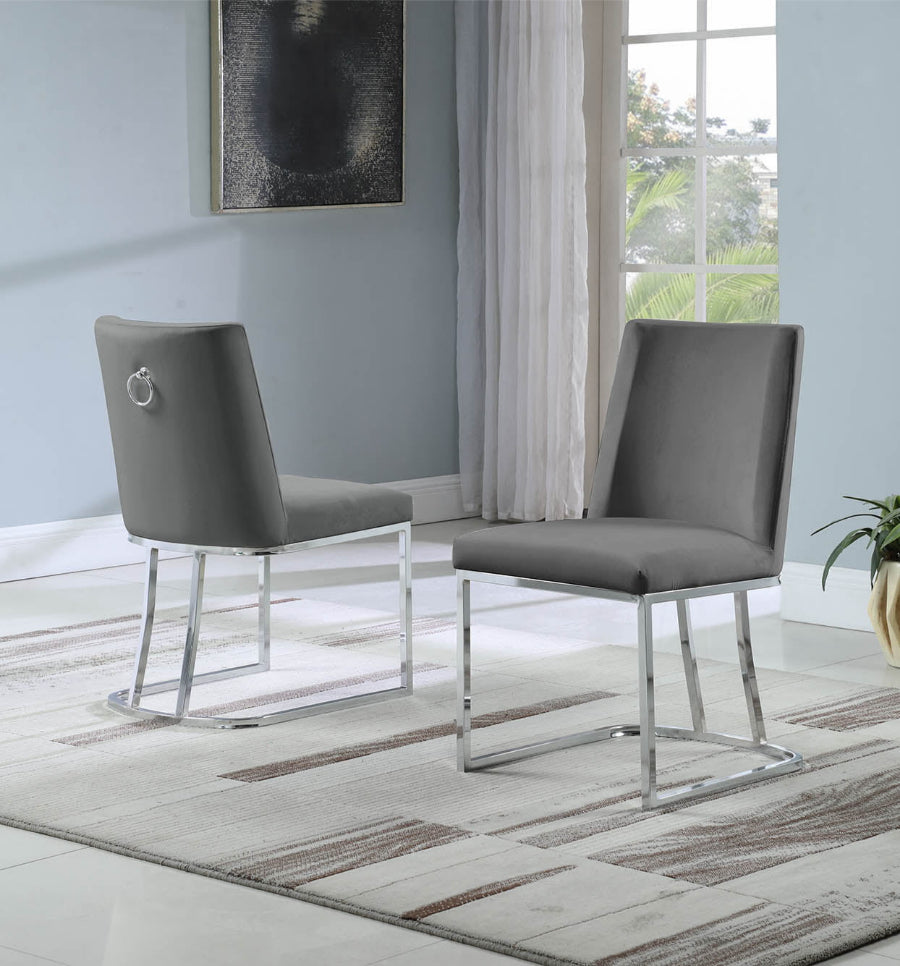 SC104 Set of 2 Twain grey velvet fabric dining chairs chrome frame base