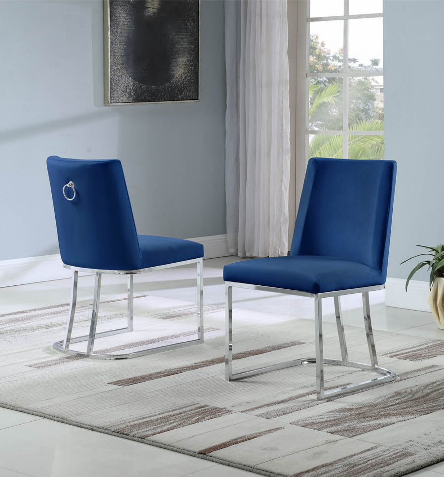 SC105 Set of 2 Twain blue velvet fabric dining chairs chrome frame base