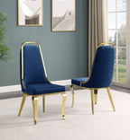 Best Quality D443-6SC315 7 pc Modern white high gloss top gold accent base 94" dining table set navy blue chairs