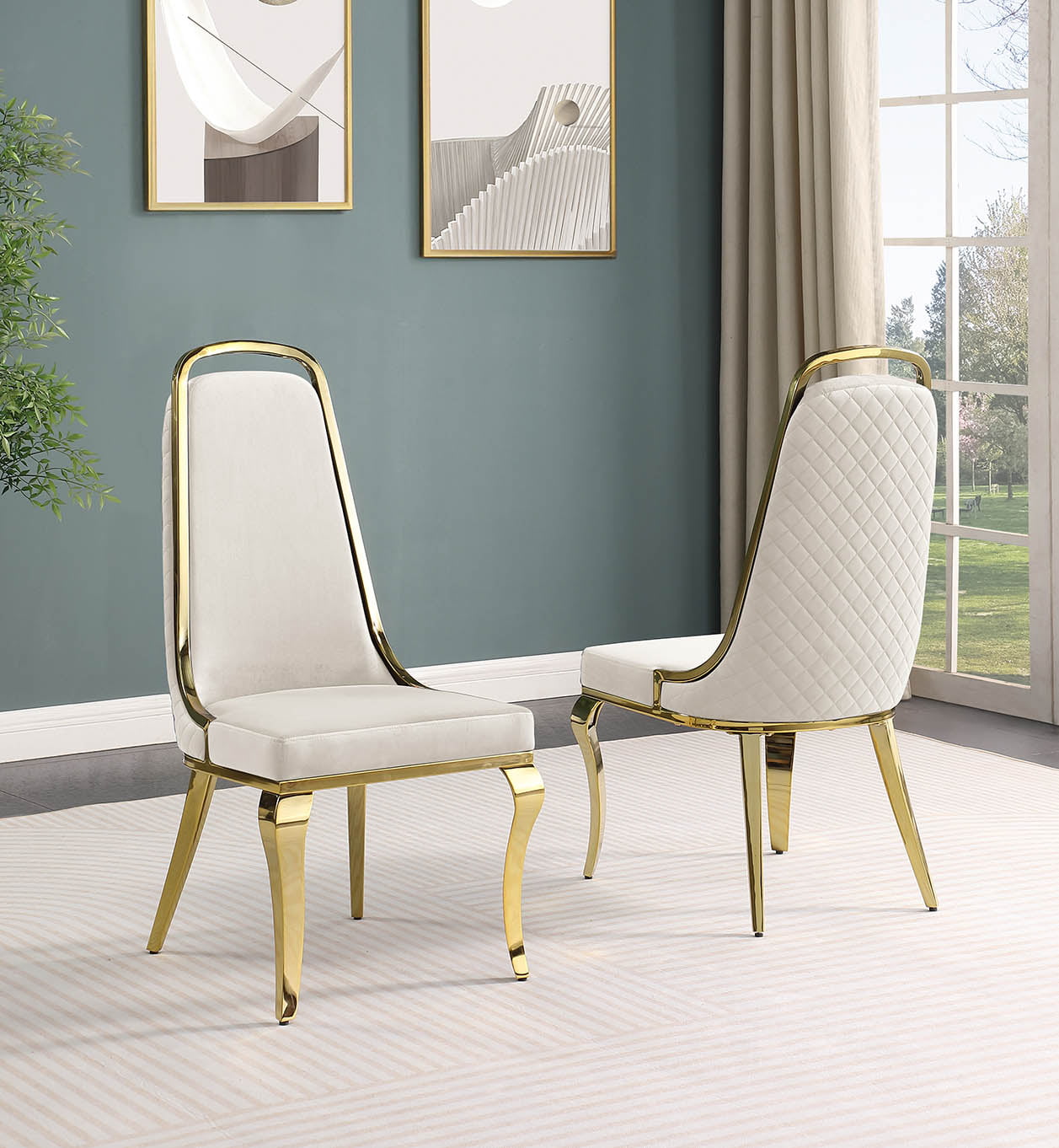 Best Quality D443-6SC317 7 pc Modern white high gloss top gold accent base 94" dining table set cream chairs
