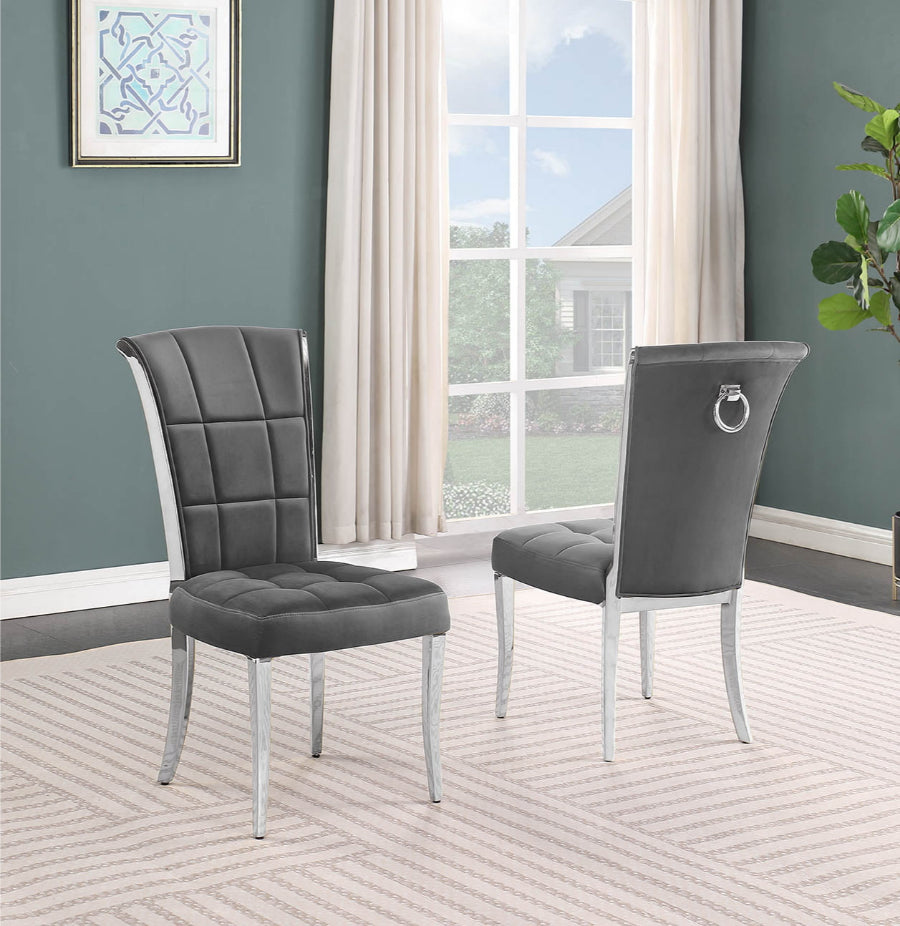 SC320 Set of 2 Simone grey velvet tufted backs dining chairs chrome legs and trim
