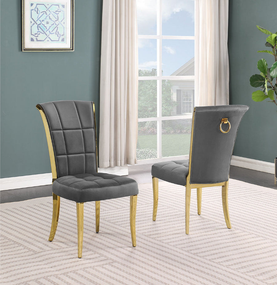 SC324 Set of 2 Simone grey velvet tufted backs dining chairs gold legs and trim