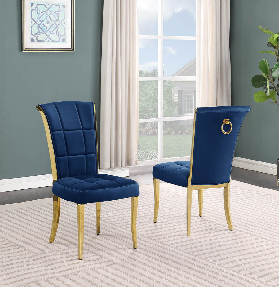 SC325 Set of 2 Simone navy blue velvet tufted backs dining chairs gold legs and trim