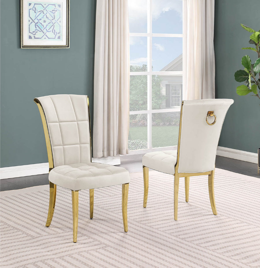 SC327 Set of 2 Simone cream velvet tufted backs dining chairs gold legs and trim