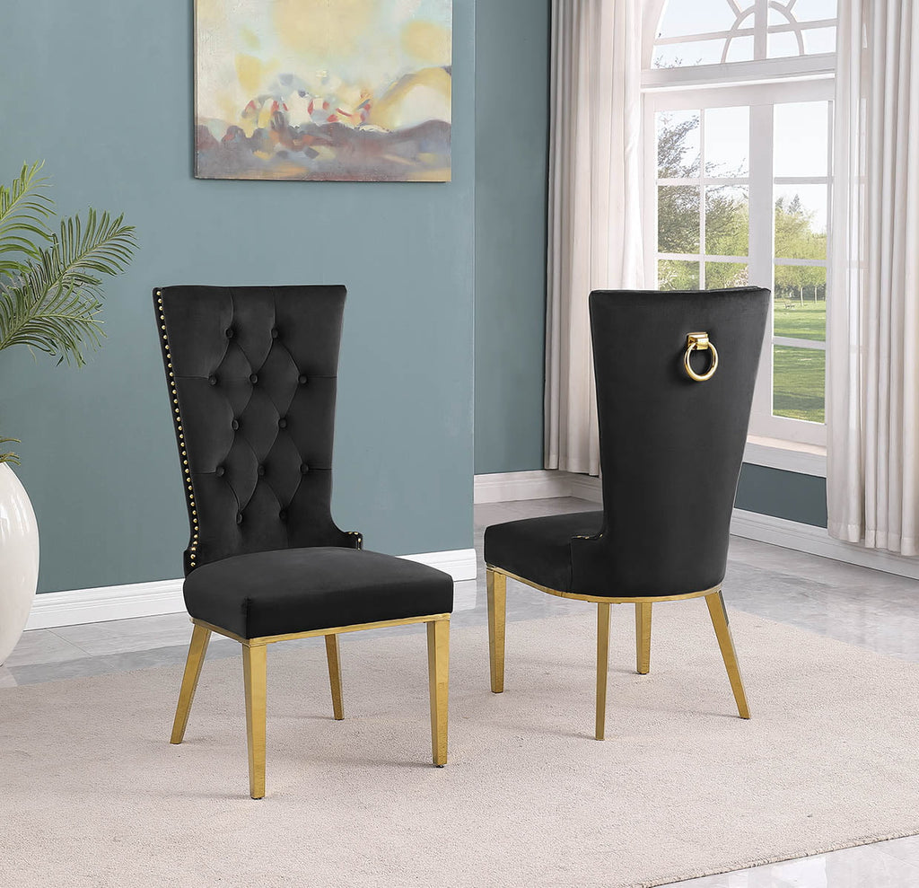 Best Quality D443-6SC336 7 pc Modern white high gloss top gold accent base 94" dining table set black tufted back chairs