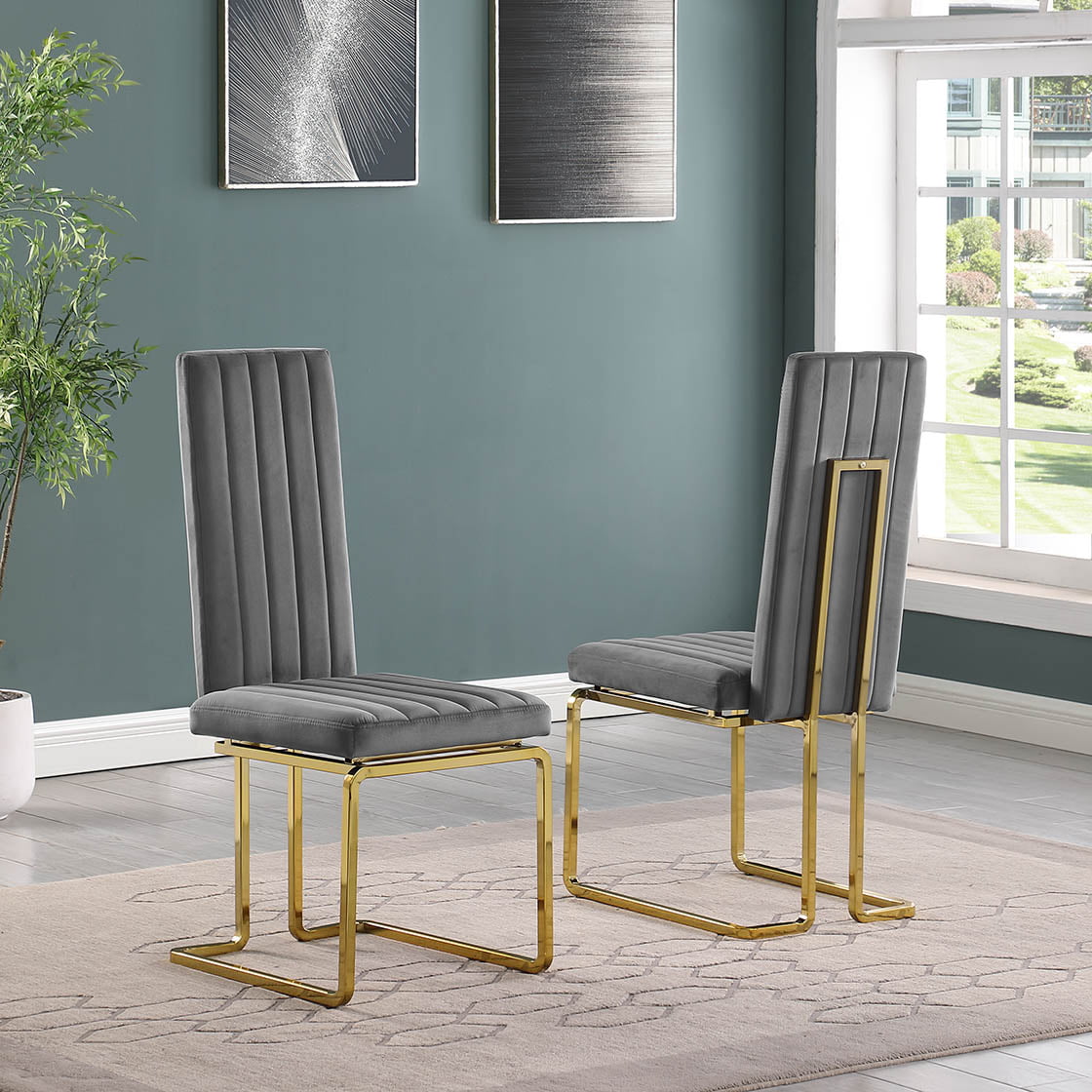 Best Quality D443-6SC344 7 pc Modern white high gloss top gold accent base 94" dining table set grey chairs