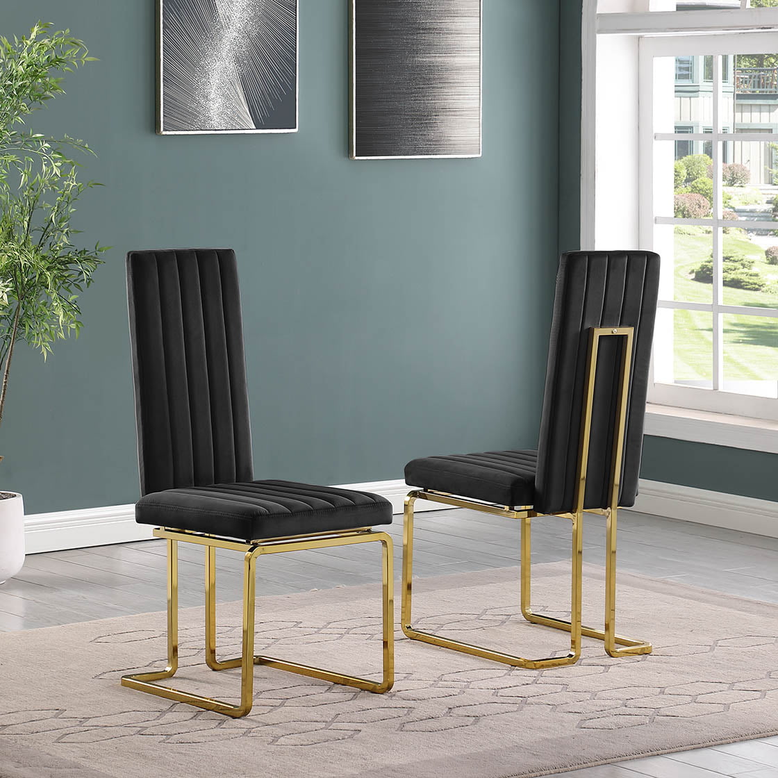 Best Quality D443-6SC346 7 pc Modern white high gloss top gold accent base 94" dining table set black chairs
