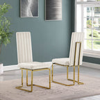 Best Quality D443-6SC347 7 pc Modern white high gloss top gold accent base 94" dining table set cream chairs