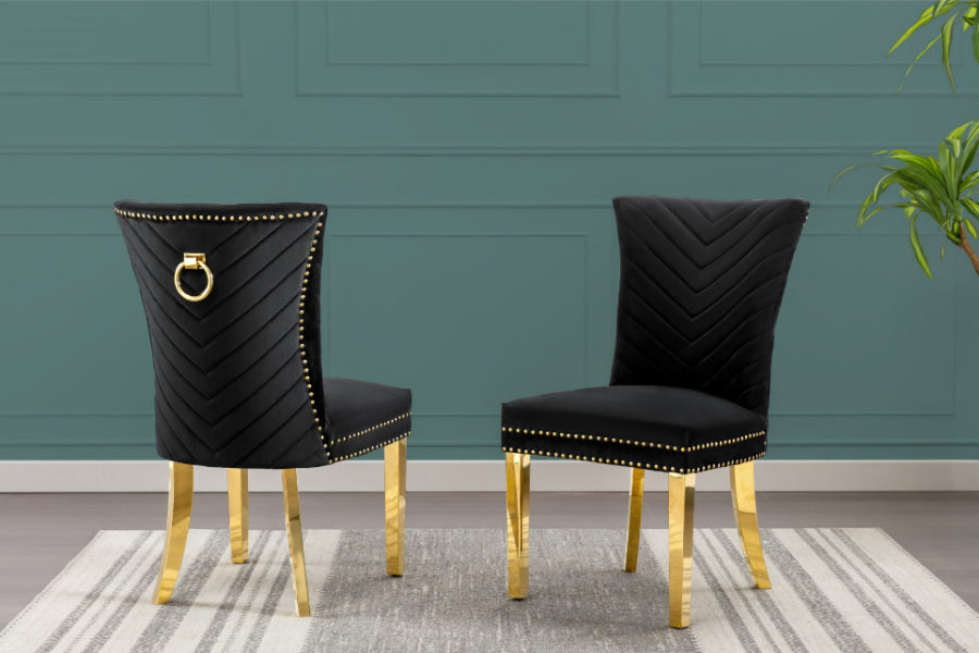 SC366 Set of 2 Paulin navy black velvet fabric tufted chevron design backs dining chairs gold legs and nail head trim accents