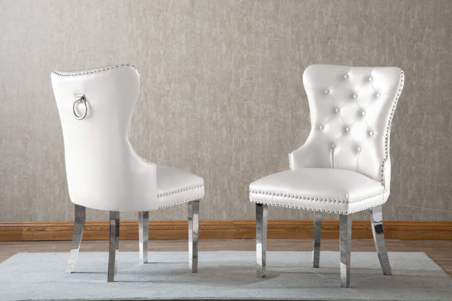 SC44 Set of 2 Talaya white faux leather tufted backs nail head trim dining chairs chrome legs