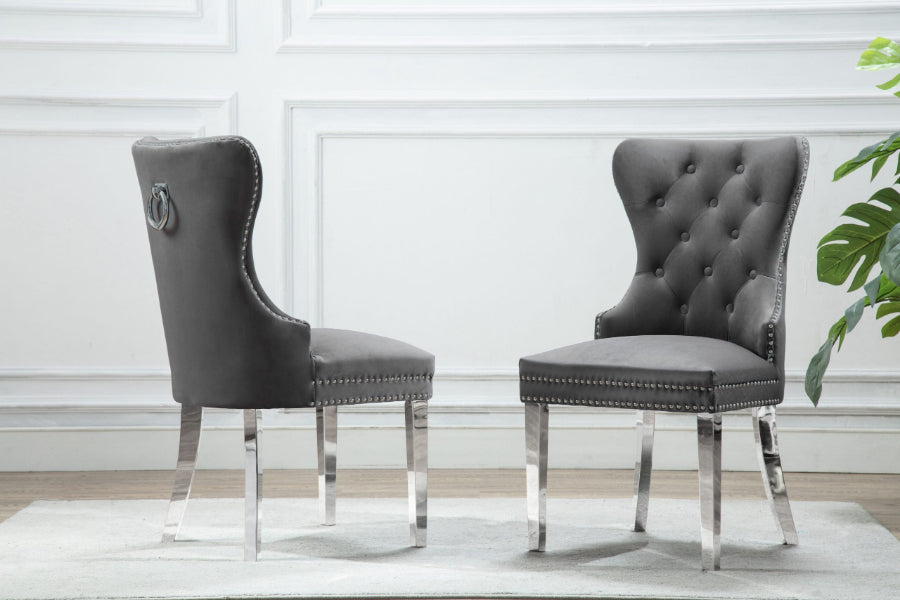 SC45 Set of 2 Talaya grey velvet tufted backs nail head trim dining chairs chrome legs
