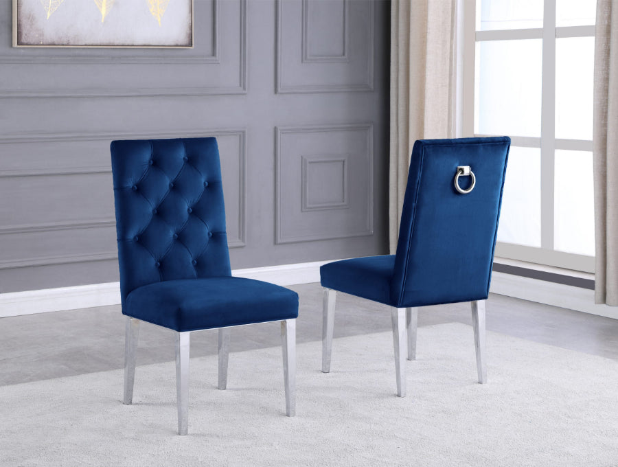 SC69 Set of 2 Roberta navy blue velvet tufted backs dining chairs chrome legs and trim accents