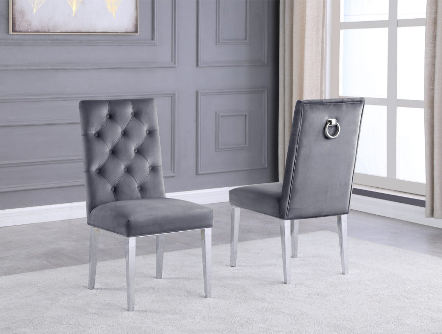 SC70 Set of 2 Roberta grey velvet tufted backs dining chairs chrome legs and trim accents